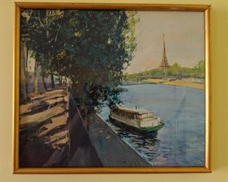 Framed Original Gouache, Eiffel Tower and Seine River, by Russian Artist, Dmitriy Proshkin