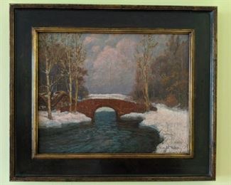 Nicely framed original oil "In Mid Winter" on canvas, by William LaValley, 1862 - 1943, active/lived in Vermont, known for landscapes.