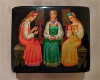One of 15 hand painted Russian boxes - all vintage, most with original boxes and in pristine condition - priced accordingly.