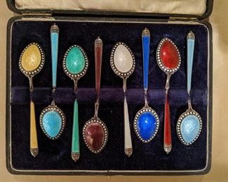 Set/8 Russian enamel & sterling spoons, in original presentation box.