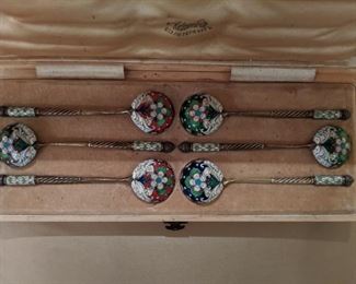 Set/6 Russian enamel & sterling spoons, in original presentation case.