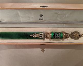GORGEOUS Faberge Russian silver, enamel, precious stones and nephrite page turner, in original oak presentation box.
