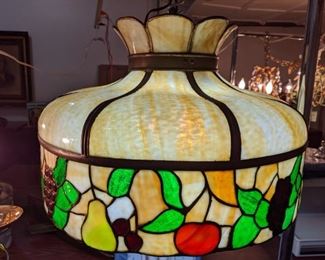 Vintage stained/slag glass light fixture i interesting in the care the way the glass was formed, as the fruit isn't flat, but bowed - Nice!