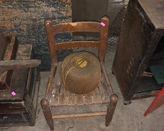 Old kindling bin and child’s chair