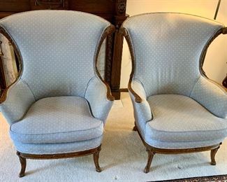 2 Vintage Light blue upholstered arm chairs with wood trim