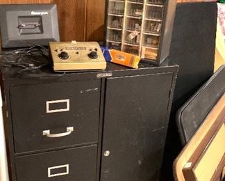 Metal shelf file drawer unit
Side 1 - 3 drawer file cabinet
Side 2 - storage shelves
Dual pack train track remote
Vintage train tracks
Various folding tables