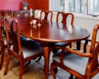 Vintage 60” Oval cherrywood dining table with 18” leaf, 2 arm chairs, 4 straight back chairs
