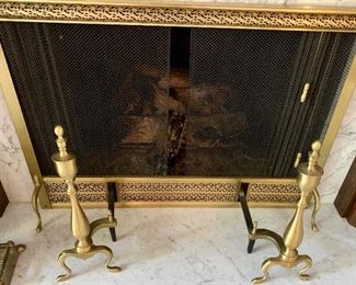 Vintage Brass fireplace Andirons & screen