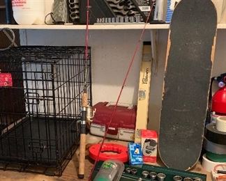 Socket sets, fishing pole, Dog Cage
Skate board, Tools