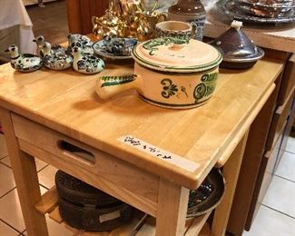 great oak rolling cart with pull outs - lots of  mexico pottery 
