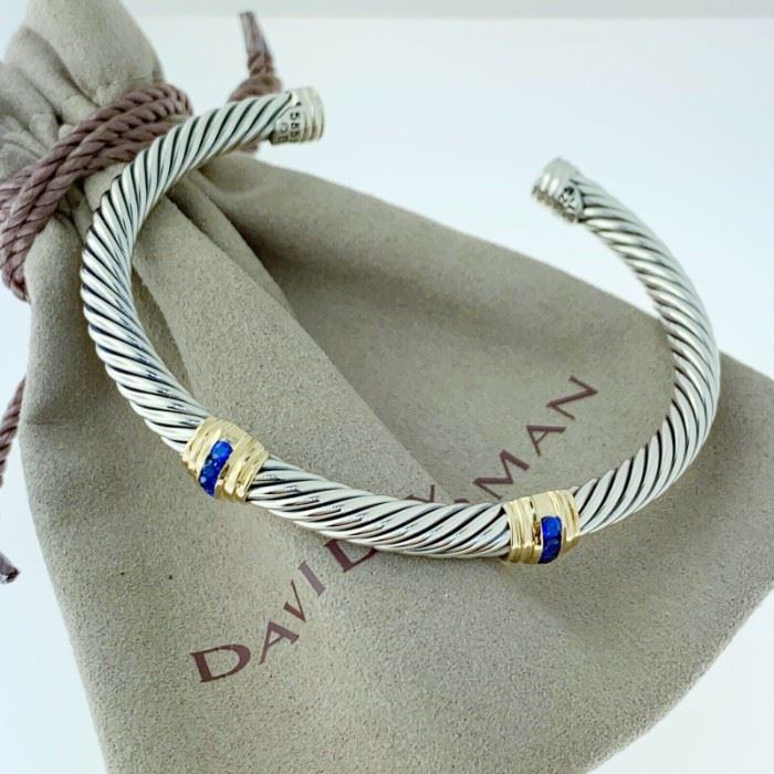 David Yurman Sapphire Bracelet with 14k Gold Double Station 5mm<br/>Sterling Silver 925  14k Gold Blue Sapphire 