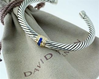 David Yurman Sapphire Bracelet with 14k Gold Single Station 5mm Sterling Silver 925 14k Gold Stone Blue Sapphire