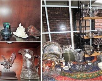 Antique china pitcher and crystal vases. SilverPLATE platters and trays, trays and bowls. Fostoria candy dishes, American Brilliant Crystal