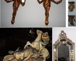 Gold candle sconces, gold cherub wall shelves, art deco mirror and large Capademonte Sculpture