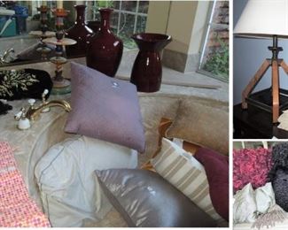 Throw pillows - so many! Vases and urns, unique lamp, feminine statue