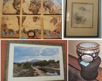 World map mural, vintage art, museum print, Oriental urn