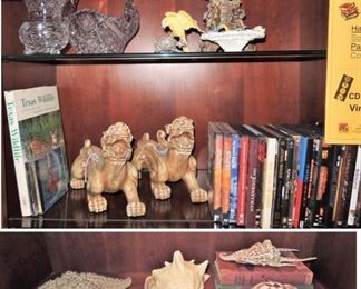 Large sea shells, Foo dogs, movie DVDs, American Brilliant Crystal