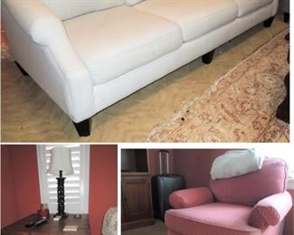 Off-white, 3 cushion sofa, Wood and Iron side table, club chair