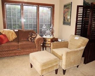 Corduroy brown loveseat, side table, Storehouse furniture chair and ottoman. Large room screen