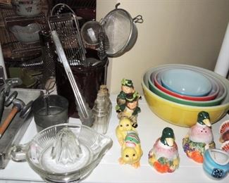 Salt and peppers, vintage utensils and tools, Pyrex nesting bowls