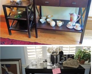 Dark wood, contemporary entry table, all-in-one stereo, large candle holders. Transitional small entry table and side table. One of 3 silver-plate tea sets