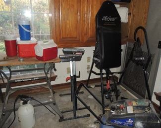 Workmate 300 Portable worktable, Wood-feeder rolls. LifeGear Inversion Table. Selection of small coolers