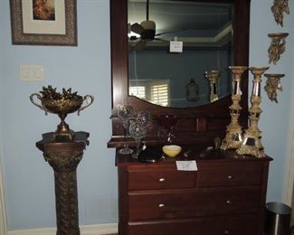 Decorate pedestal, wall shelves, and candlesticks. Wood framed mirror, Ethan Allen chest