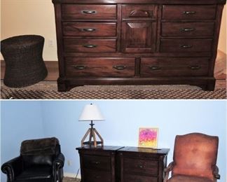 Bedroom furniture. Triple-tall dresser/chest with mirror, and 2 matching side tables. Black leather chair and ottoman, Rustic leather arm chair