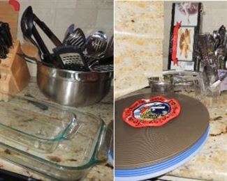 Kitchen utensils, chargers, Le Cruiset casseroles, glass casseroles