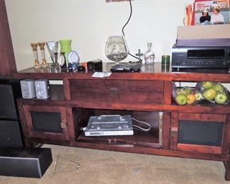 Media table. Denon receiver, CD player, speakers, subwoofer