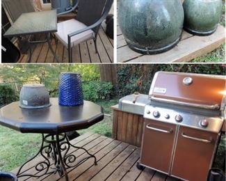 Heavy ceramic pots, Weber gas grill, Heavy outdoor table. Bistro set