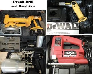 Tools! Dewalt Drill, hand saw, screwdriver and accessories. Skil jig saw. 15 piece Spray gun kit