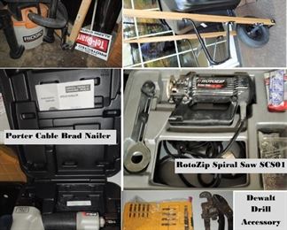Porter Cable brad nailer, Rotozip spiral saw, Dewalt Drill Accessory Kits, Wheel barrow, Shop vac