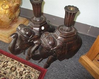 Solid wood carved elephant candle holders