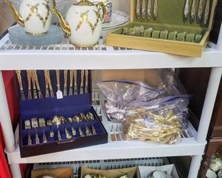 Flatware sets; silverplate, stainless and gold, cups and saucer sets