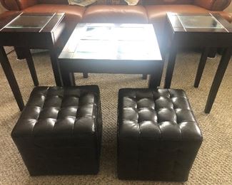Coffee table, two end tables, and two footstools.