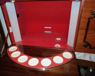 THIS SPACE HOLDS THE BAR INSERT.     KORONETTE STEREO / PS - STEREO - BAR - RADIO - RECORD PLAYER - AM / FM  AND FIREPLACE WITH BUILT IN SPEAKERS . TOP PANELS DROP DOWN.