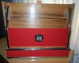 BACK SIDE OF THE BAR INSERT   KORONETTE STEREO / PS - STEREO - BAR - RADIO - RECORD PLAYER - AM / FM  AND FIREPLACE WITH BUILT IN SPEAKERS . TOP PANELS DROP DOWN.