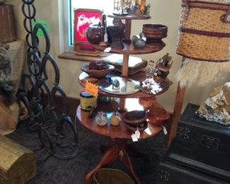 Misc. Hand turned wood work $2-5 on many bowls, lamps, and sets .... Vintage 4 tier table $30 Firm 