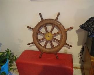 Heavy wood ship wheel $80 firm and Antique Sewing Box $8