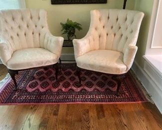 White, button back, upholstered chairs, 4 x 6 silk rug