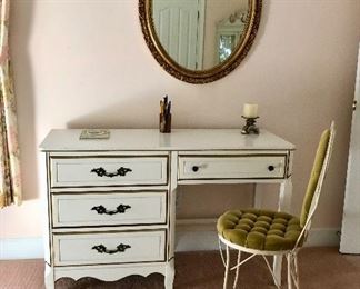 White with gold trim desk/dressing table, green velvet metal chair, oval mirror