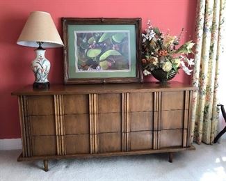 American of Martinsville Mid Century 9 drawer dresser,  lamp,  signed and numbered picture, flowers