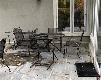 Large round wrought iron table with 4 chairs, tea cart and plant stand 