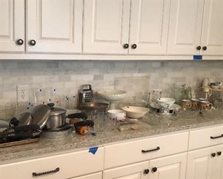 Full kitchen: Pots, pans, glasses, vintage utilities, crystal, mugs, milk glass...