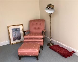 Vintage chair and ottoman, floor lamp, rug...