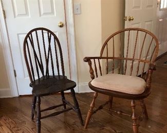 Windsor rush seat, dark brown chair and Nichol's and Stone chair