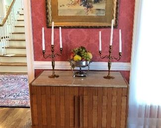 Marble top mid century modern serving/buffet, brass candle holders, still life watercolor grapes
