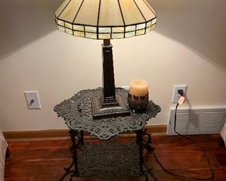 Slag Glass Lamp With Bronze Stand