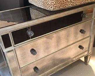 Three-drawer mirrored chest of drawers (one of four.) Crack in glass in this one. Others are fine.
